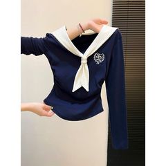 春秋辣妹学院风海军领撞色披肩打底衫女内搭辣妹褶皱收腰长袖上衣