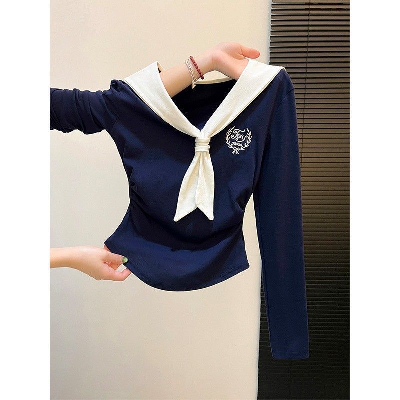 Spring and Autumn Hot Girl College Style Navy Collar Contrast Color Shawl Bottoming Shirt Women's Inner Layer Hot Girl Pleated Waist Long Sleeve Top Spring and Autumn Hot Girl College Style Navy Collar Contrast Color Shawl Bottoming Shirt Women's Inner Layer Hot Girl Pleated Waist Long Sleeve Top
