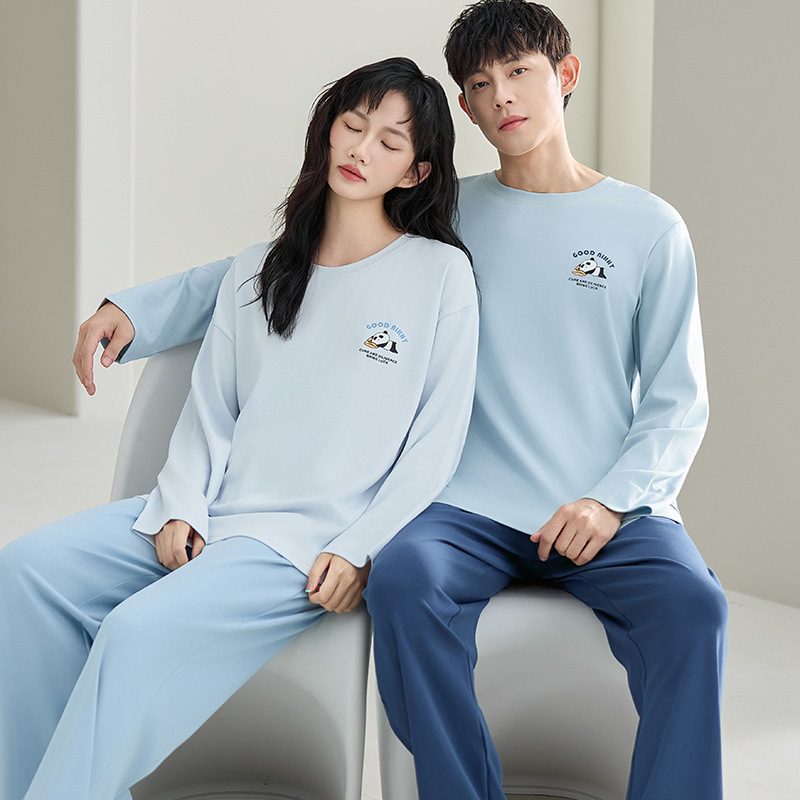 【纯棉拉架棉】情侣睡衣新款秋季长袖套头纯棉睡衣女士家居服男款