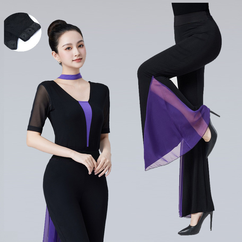 紫の濃いv色のガーゼの袖の形の服のダンスの服のショーのモデルのバレエの練習の功の育成訓練のマナーのモーダル|undefined