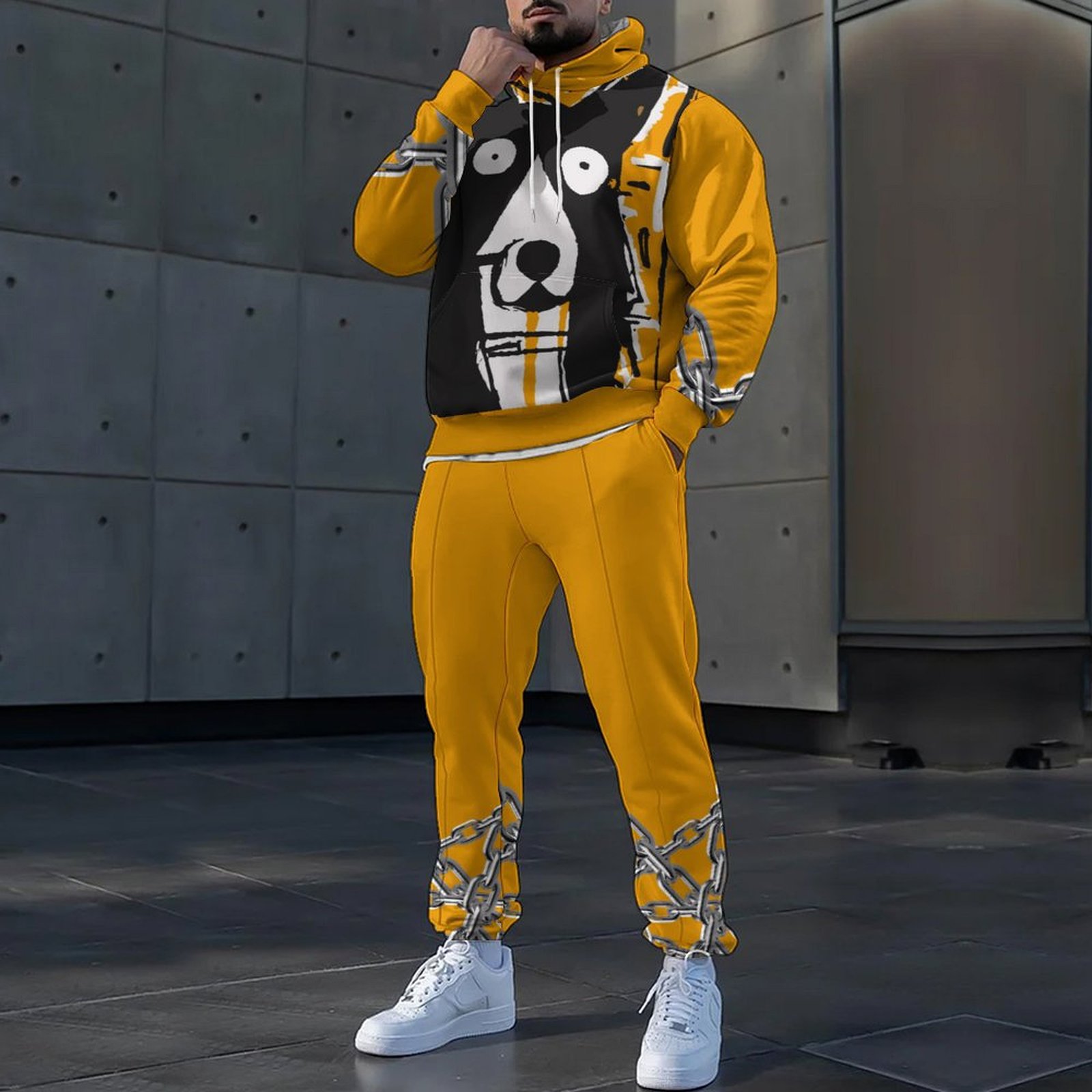 Traje de pantalón de suéter con capucha con estampado de animales 3D HD, MC11-ML1 de dos piezas de estilo perezoso y casual para el hogar