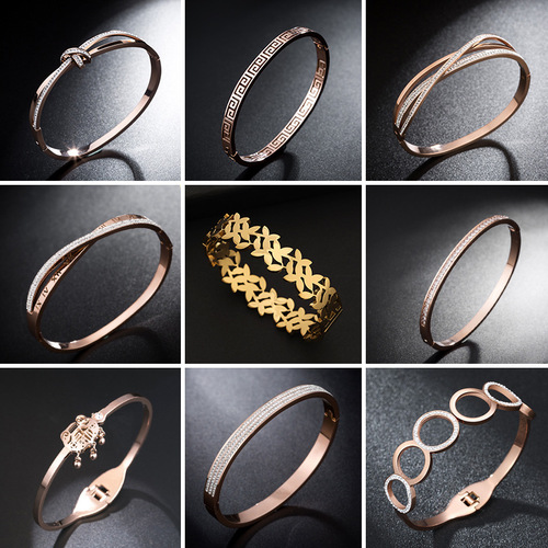 New Diamond-Encrusted Rose Gold Titanium Steel Bracelet for Women, Non-Fading Couple Bracelet, Stainless Steel Jewelry Wholesale