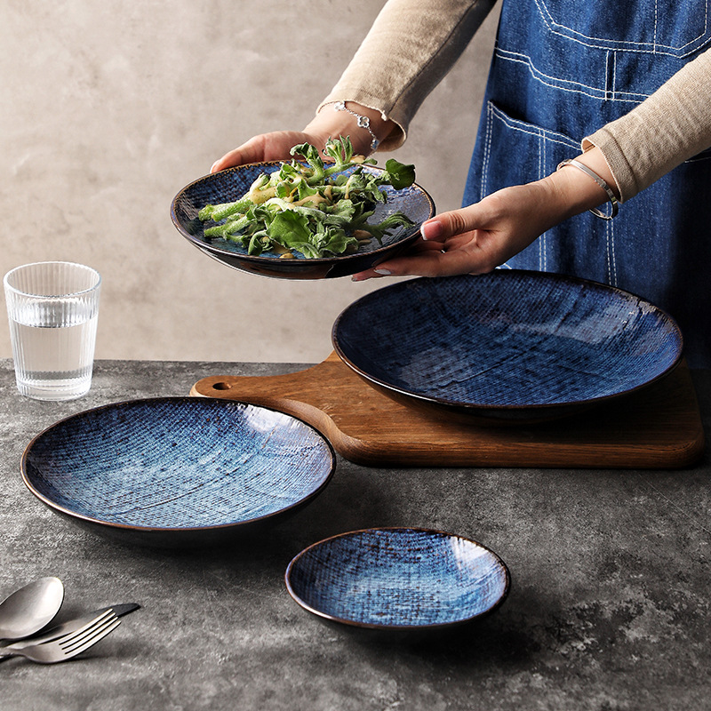 Plato de cerámica creativo, cubiertos de comedor, tela de cerámica transfronteriza, platos occidentales, cubiertos de cerámica azul profundo