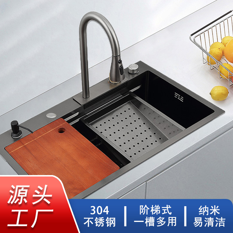 Nano negro cocina vegetal lavado piscina engrosada multi-funcional hecho a mano fregadero de acero inoxidable 304 volando lluvia cascada fregadero traje