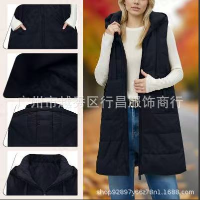 Women's Casual Winter Long Vest Cotton-Padded Jacket with Stand Collar, Sleeveless, Hem Slit, Hooded Coat