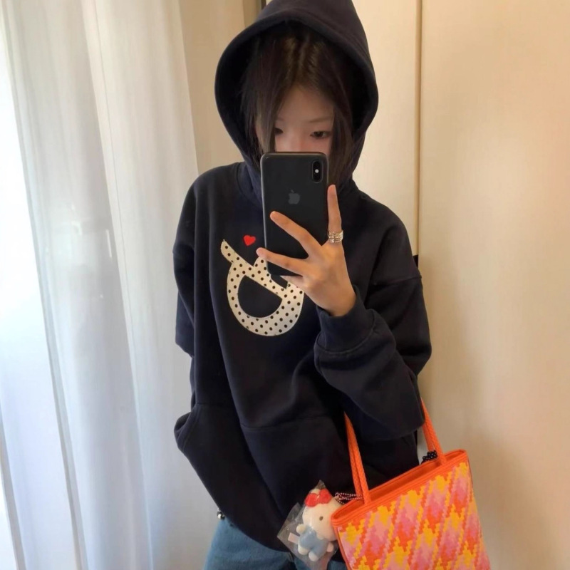美式复古波点字母刺绣连帽卫衣女秋冬学院风宽松百搭藏青色上衣潮|undefined