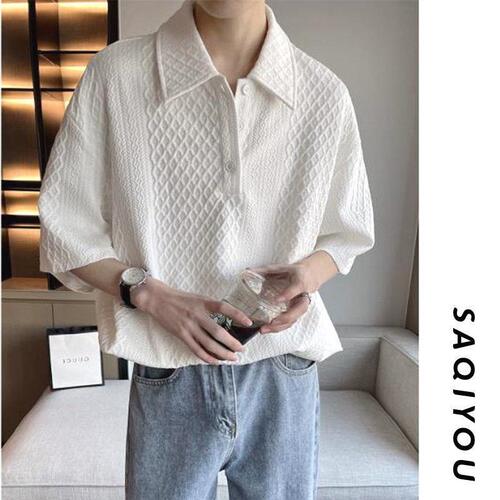 Khaki Heavyweight Check Polo Shirt Men's Sophisticated British Charming Males Short Sleeve Summer Five-Button Shirt