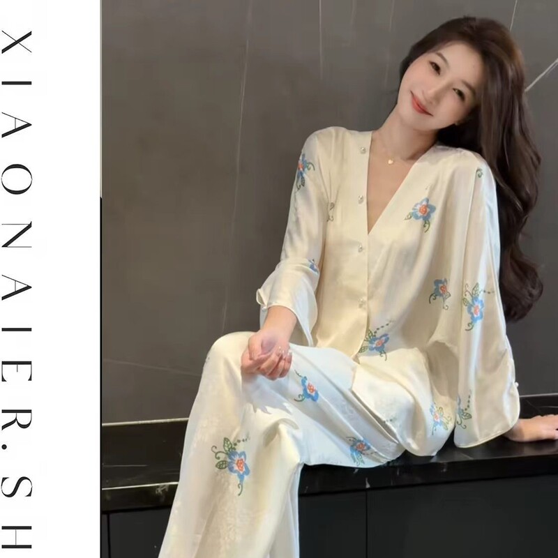 Ice silk pajamas for women, new autumn collection, featuring sweet floral prints, pearl buttons, long sleeves, long pants, and a V-neck design, suitable for wearing as loungewear or as an outfit for going out