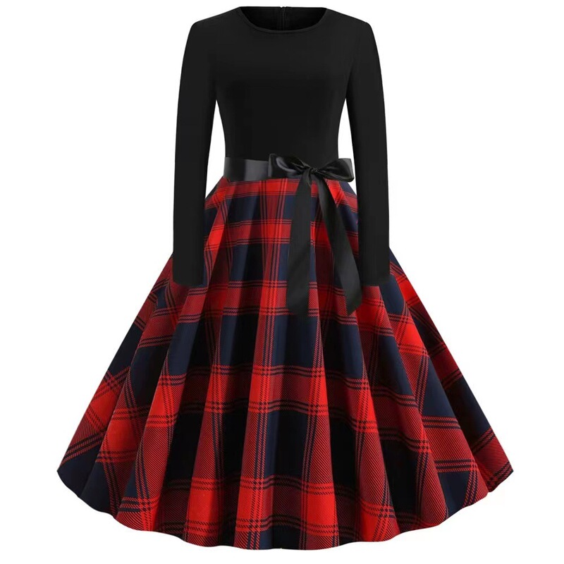 Factory spot Christmas New elegant casual long sleeve slim round neck printed large swing dress