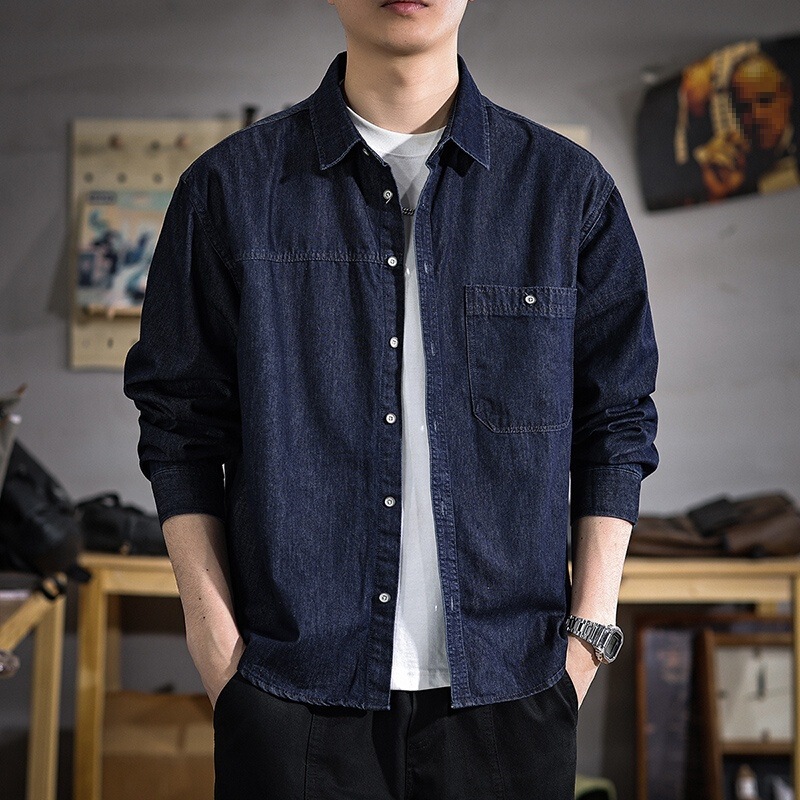 Natural Color Washed Denim Shirt for Men, Loose Fit, Large Size, Turn-Down Collar Jacket, Spring Season, Heavy-Duty Pure Cotton Casual Shirt Wholesale