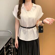法式假两件翻领短袖衬衫女夏季新款韩系新品收腰显瘦气质上衣