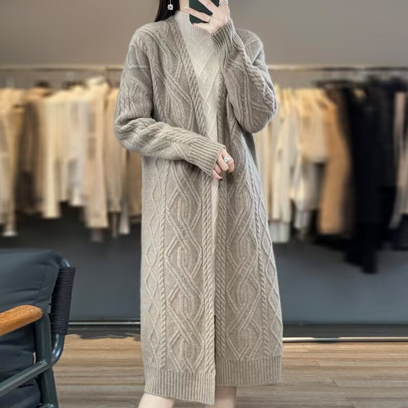 Cross-Border Wholesale 100% Australian Wool Lazy Style Thick Twisted Knit Cardigan Women's Long Coat Wool Cardigan
