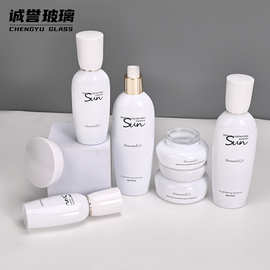 白色高端护肤品玻璃瓶乳液精华液按压泵头瓶精美简约厚底膏霜瓶