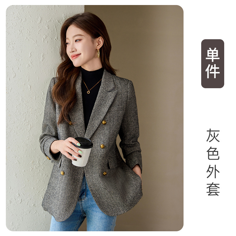 【海外貿易人気商品】高級ウールコーヒー色の綿入りスーツジャケット レディース 2026春秋 韓国風ダブルブレストジャケット