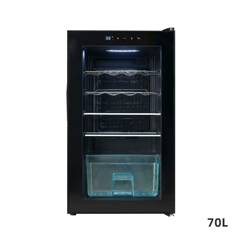 Refrigerador de pantalla refrigerado pequeña puerta de vidrio transparente refrigerado por aire de dos personas lado del mundo abierto puerta única barra de hielo negro 70L