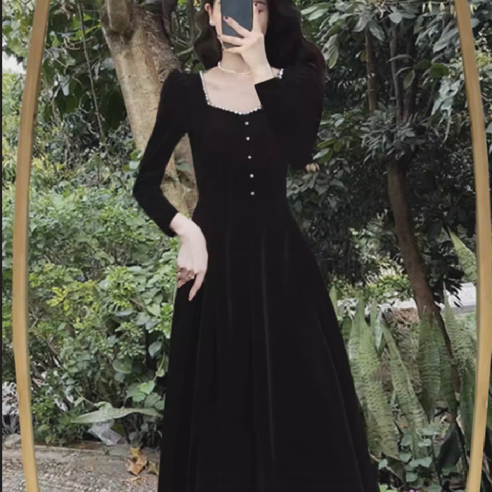 法式优雅秋冬金丝绒连衣裙女赫本收腰显瘦温柔风气质复古礼服长裙