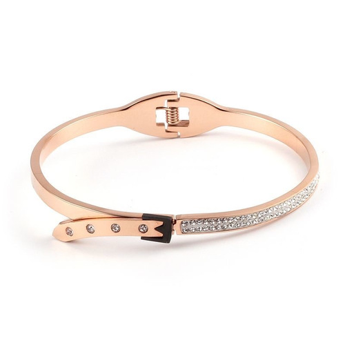 18K Japanese/Korean Diamond-Halo Titanium Steel Bracelet with Rose Gold/Silver Color, Simple and Fashionable Unisex Stainless Steel Band for Women