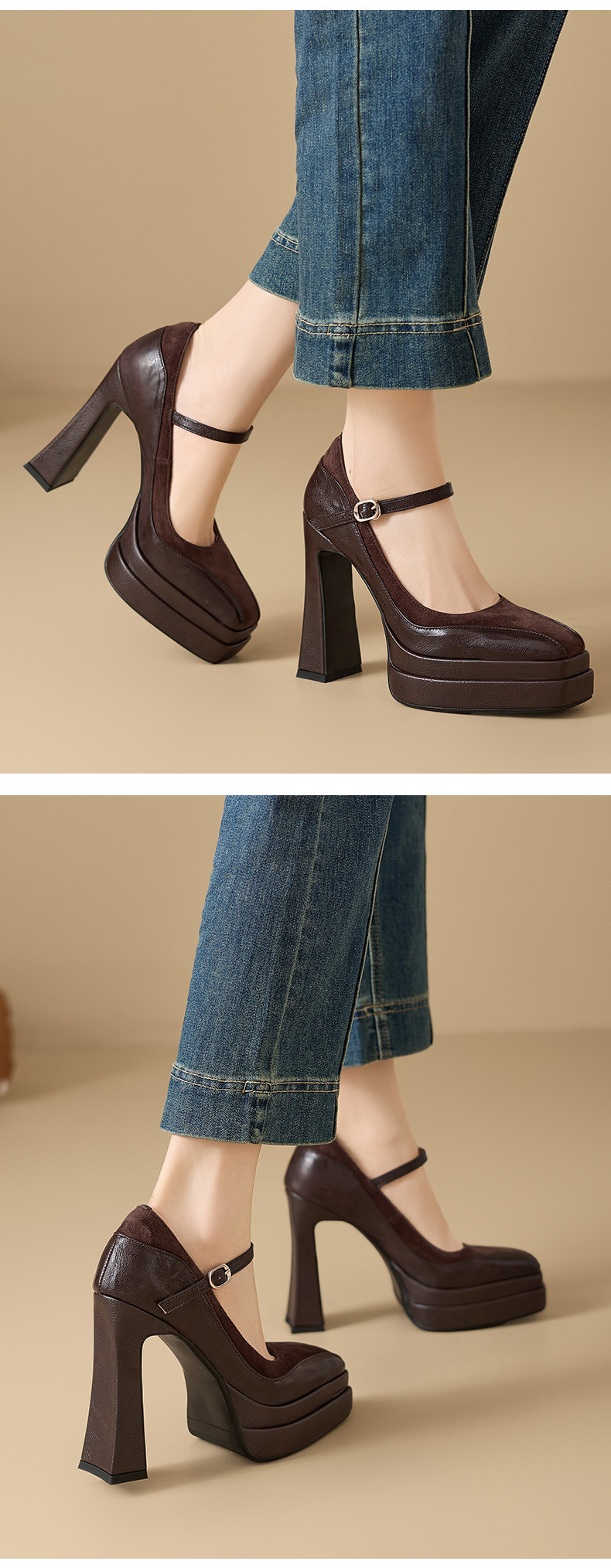Giày Mary Jane nữ mũi vuông gót vuông đế platform cao 9 cm, da thật, quai ngang có khóa — màu nâu, màu đen chi tiết 5