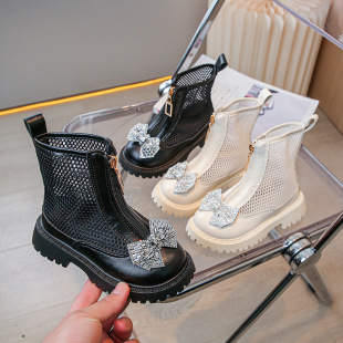 Girls' Boots 2025 Summer New Breathable Soft Bottom British Style Mesh Hollow Princess Ankle Boots Children's Martin Boots