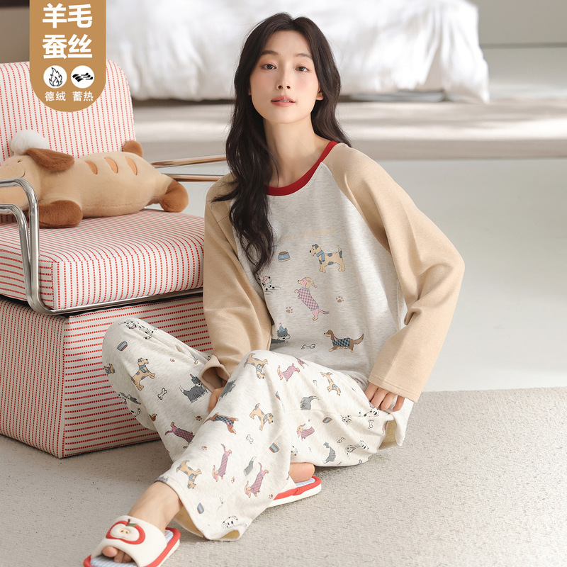 Autumn and Winter Women's Pajamas, Silk Wool Thermal Thickened Long-Sleeve Pullover Cartoon Loungewear for Live Streaming