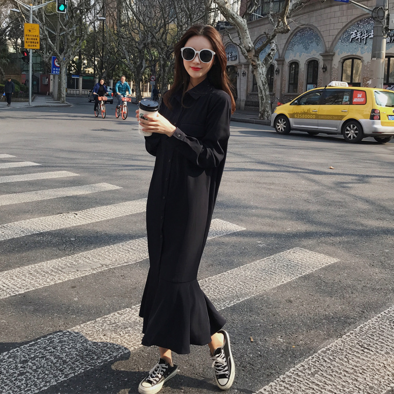 Real Shot 2023 Spring Casual Over-the-knee Fishtail Skirt Slim-fit Shirt dress Women's Thin High Waist Elegant Super Long Skirt Trendy