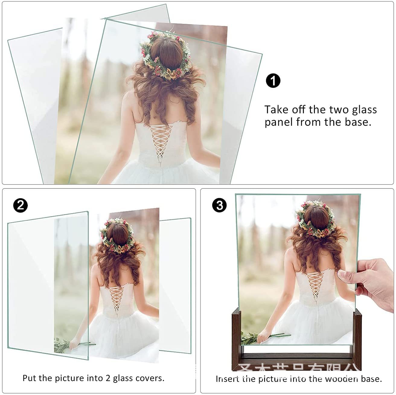 Marco de fotos de madera en forma de U decoración de base de fotos de escritorio de doble cara marco de fotos de vidrio acrílico transparente logotipo impreso