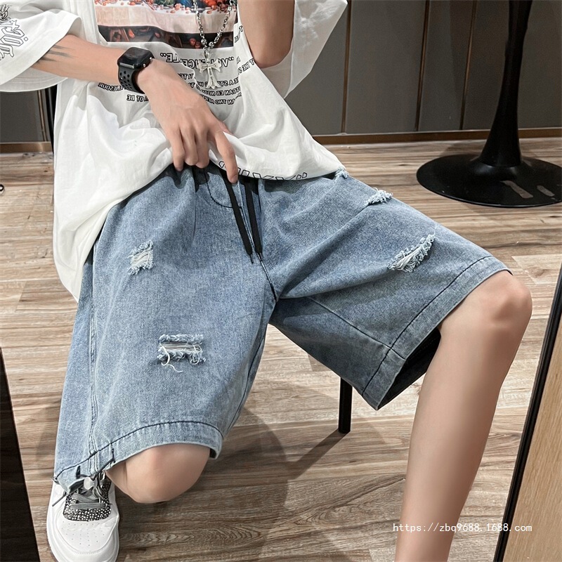 Ge Hua American Vibe Trendy Brand Denim Shorts for Men, Loose and Versatile, Elastic Waist Straight Pants, Large Size, Handsome and Ripped Ge Hua American Vibe Trendy Brand Denim Shorts for Men, Loose and Versatile, Elastic Waist Straight Pants, Large Size, Handsome and Ripped