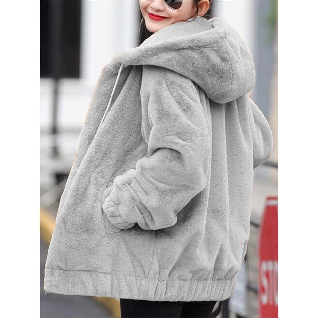 Foreign Trade Fleece-Lined Thickened Faux Rabbit Fur Hooded Sweatshirt Jacket for Women, Mid-Length, New Winter Korean Version, Loose Long-Sleeve Trendy
