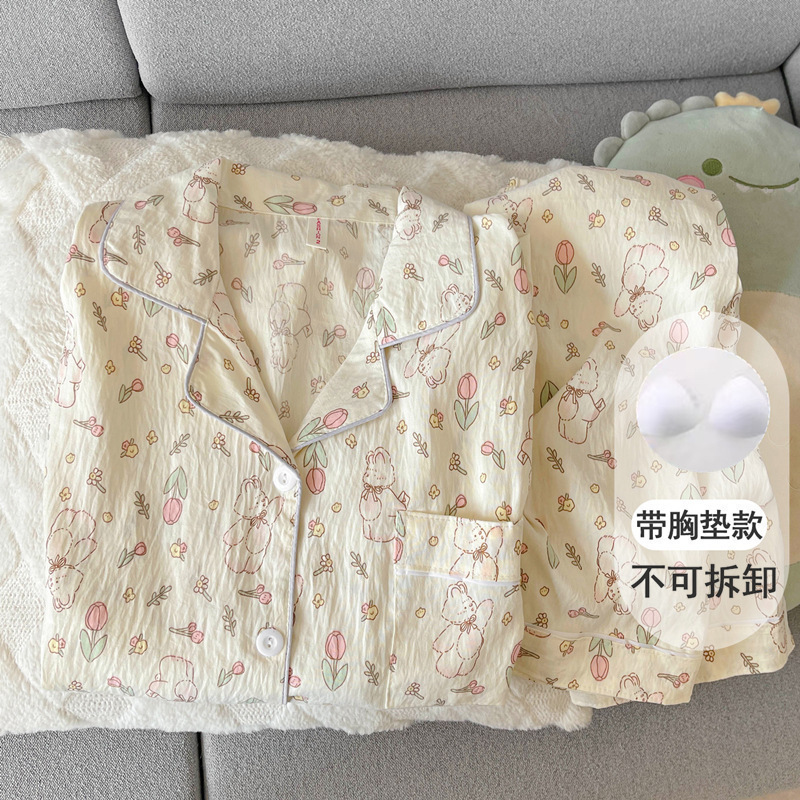 带胸垫波点腊肠狗云朵纯棉纱睡衣女款春秋夏季长袖套装卡通家居服|undefined