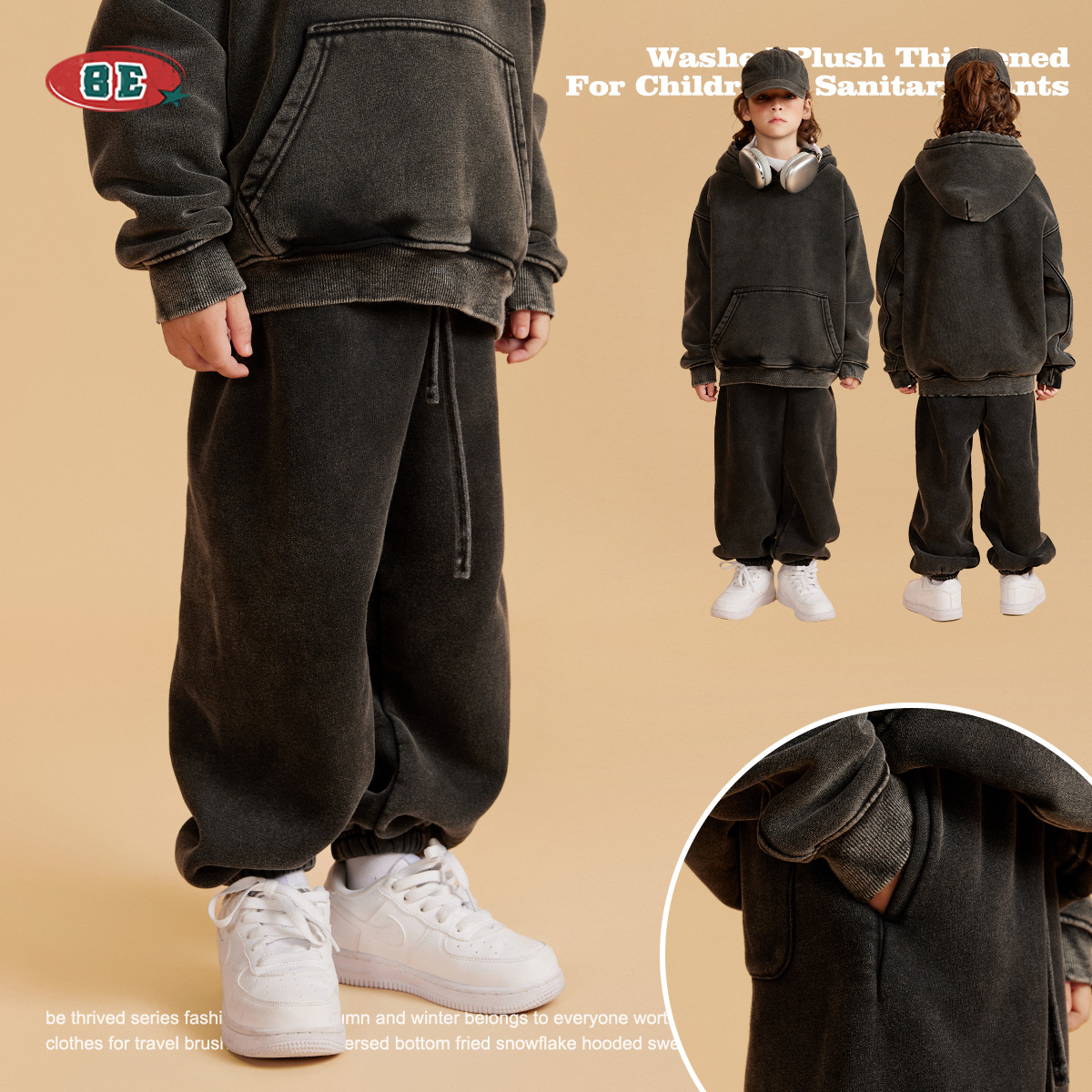 Pantalones deportivos de forro polar lavado para niños BE, colección otoño-invierno 2025, pantalones de forro polar de marca de moda para niños, holgados y modernos image 3