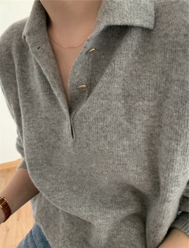 New Autumn and Winter Solid Color Wool Sweater Grey polo Collar Wool Sweater Women's Shirt Collar Knitted Loose Lazy Style