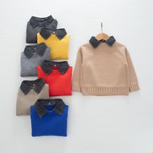 春秋季新款韓版童裝2021男性襯衫領兒童卡通圓領小童套頭針織毛衣