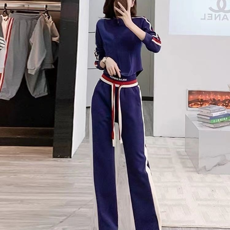 跨境条纹运动休闲套装女秋时尚潮流开衫卫衣洋气两件套抽绳阔腿裤|undefined