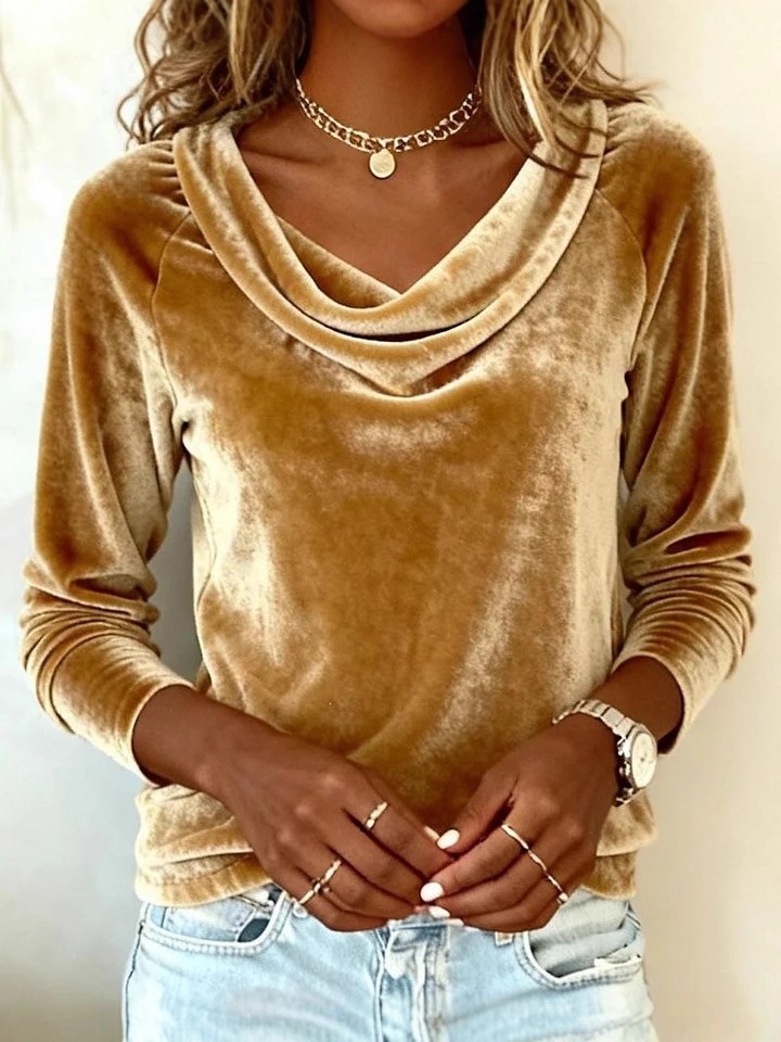 Women's Clothing Velvet Cowl Neck Long Sleeve T-Shirt, Elegant Solid Color Top For Casual And Evening Wear_ecoleips.com