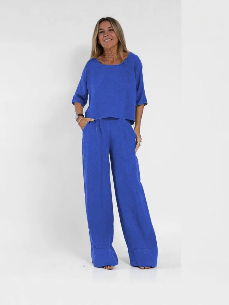 Casual Fashion Pocket Long Pants Beach Suit Spring Summer Short Sleeve Top Pullover Set Women Cotton Linen Solid Color Two-Piece