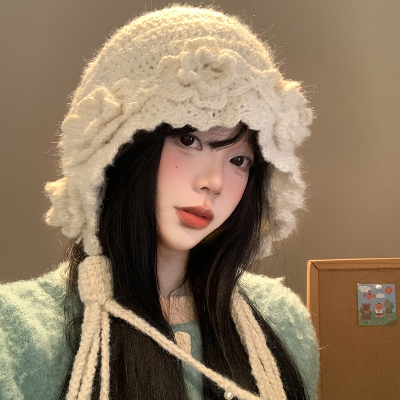 立体花朵手工针织帽女秋冬韩系显脸小珍珠流苏毛线帽保暖包头帽子|undefined