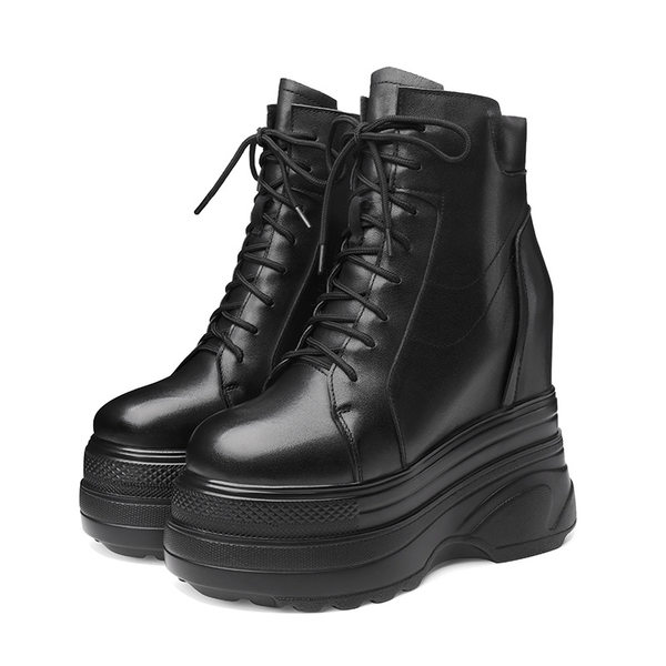 Boot nữ cổ thấp đế dày platform gót 14 cm phong cách Anh Quốc — Lót nhung đen