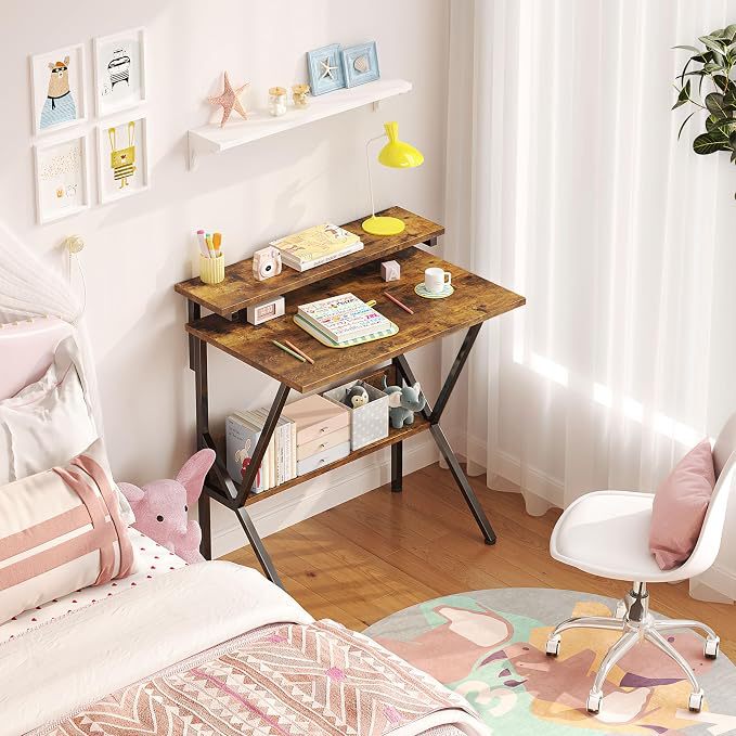 Small computer desk, suitable for small spaces, computer desk with adjustable monitor stand, with storage space