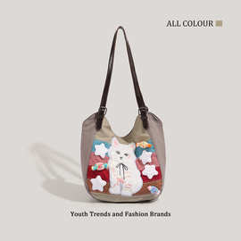 CHARHP&KEJNT小众帆布包2024年新款个性百搭小猫托特包单肩通勤包