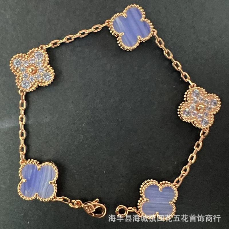 高版本V金四叶草手链女厚金镀18k金五花手链双面天然白贝母红玉髓|undefined
