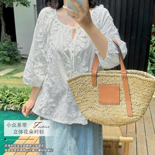 Plus-Size Women's Clothing for Chubby Girls 2025 Summer New Niche Lace-Up Three-Dimensional Floral Shirt 8933