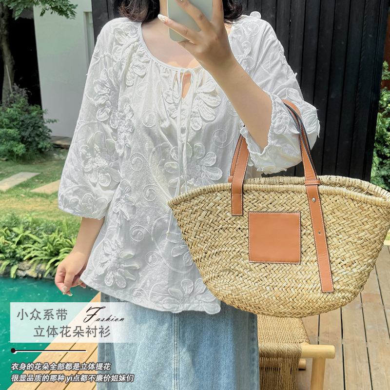 双天大码女装胖妹妹2025夏季新款小众系带立体花朵衬衫8933 双天大码女装胖妹妹2025夏季新款小众系带立体花朵衬衫8933