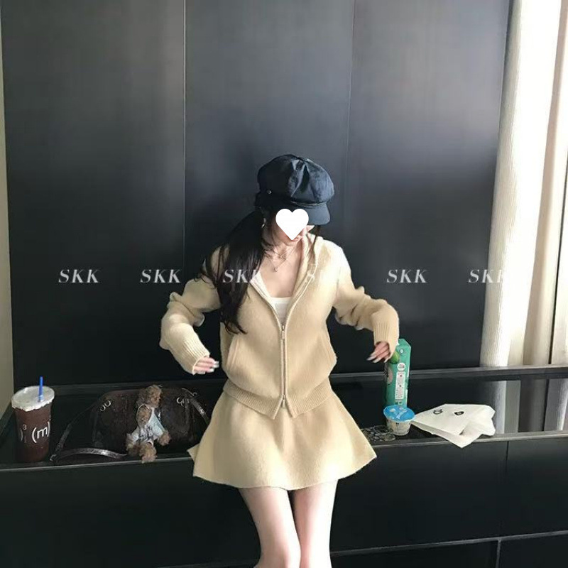 2025 a Complete Set of Light Oxygen Makeup Suit, Fluffy Normcore Lazy Sweater Cardigan Skirt Suit for Women