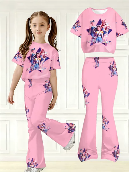 Hunting Girls Group Kpop Cross-Border Wholesale Girls' Flared Pants Set Spring Summer Autumn Fashion Girls' T-Shirt Set