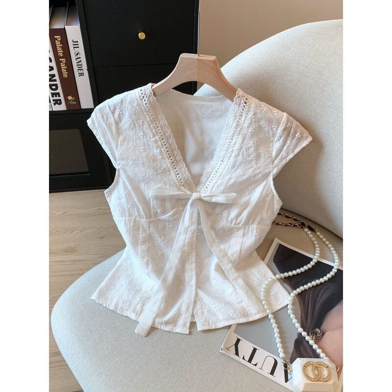 French Lace Embroidered Hollow-Out White Short-Sleeve Shirt for Women, New Summer Style with Elegant Bow and Flutter Sleeves