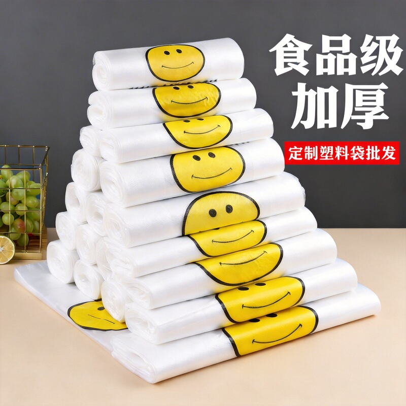 Extra-Thick Transparent Smiley Face Plastic Bag, Take-Out Food Bag, Commercial Packaging Bag, Shopping Bag, Convenient Handbag Wholesale