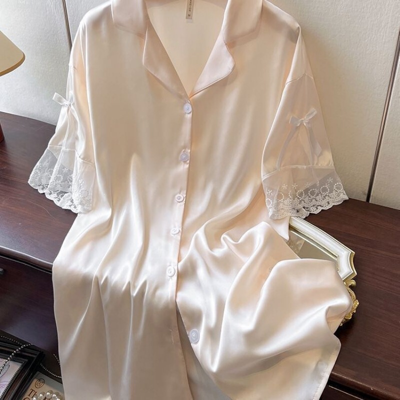2026 New Model Women's Faux Silk Nightgown with Lace Trim, Available in Plus Sizes, Can Be Worn Outside