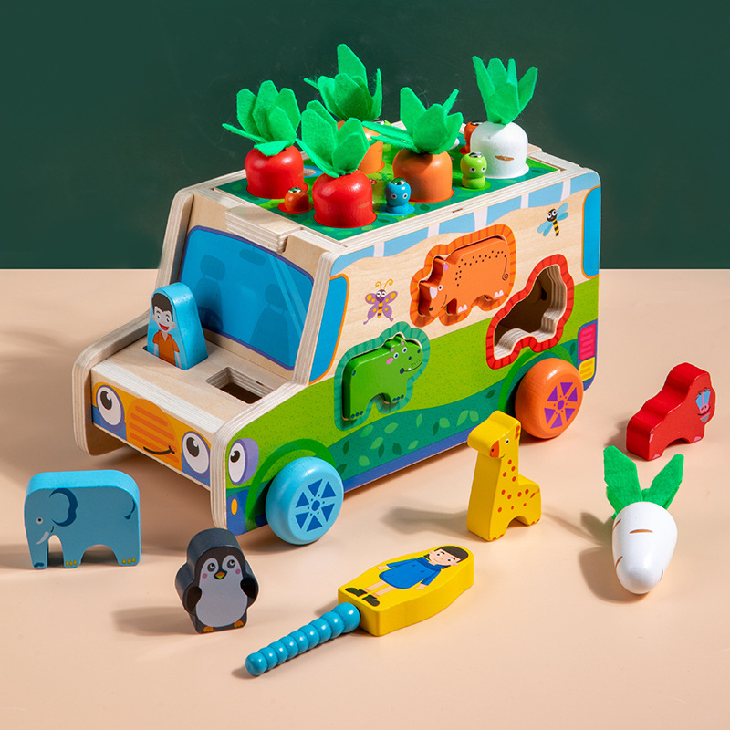 Juguetes educativos de madera para niños que arrastran y tiran zanahorias, formas y colores, coincidencia cognitiva, personalización del juego de posición de remolque