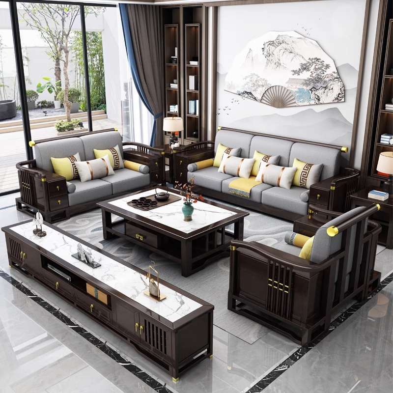 新中式橡膠木實木沙發組合冬夏兩用現代大小戶型客廳轉角貴妃沙發