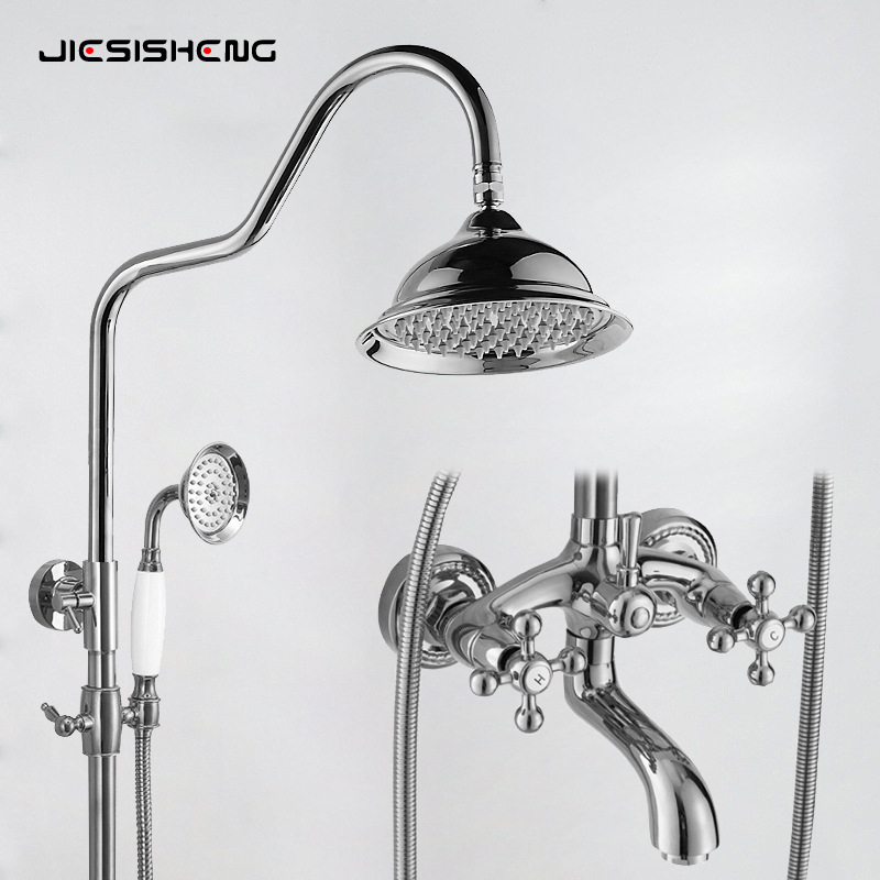 轻奢金色复古淋浴花洒套装卫生间浴室壁挂式淋雨器黄铜冷热混水阀